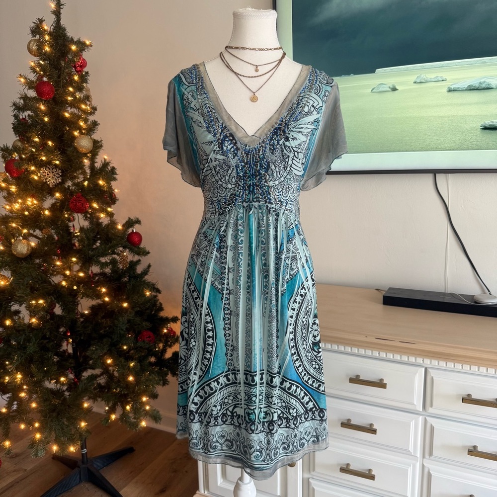 Unity World Wear Boho Beaded Mesh Midi Dress Teal Blue Patterned Y2K Fairycore M